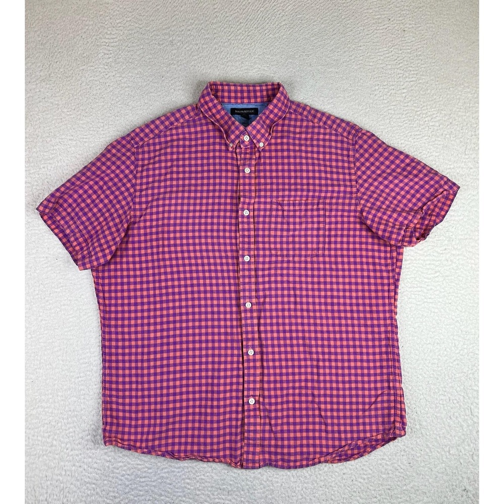 Banana Republic Mens XL Orange Purple Check Linen Cotton SS Button Up Shirt